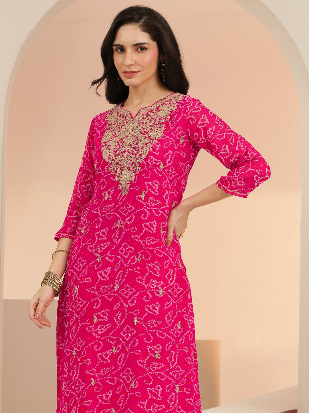 Libas Fuchsia Pink Bandhani Printed Chiffon Straight Kurta