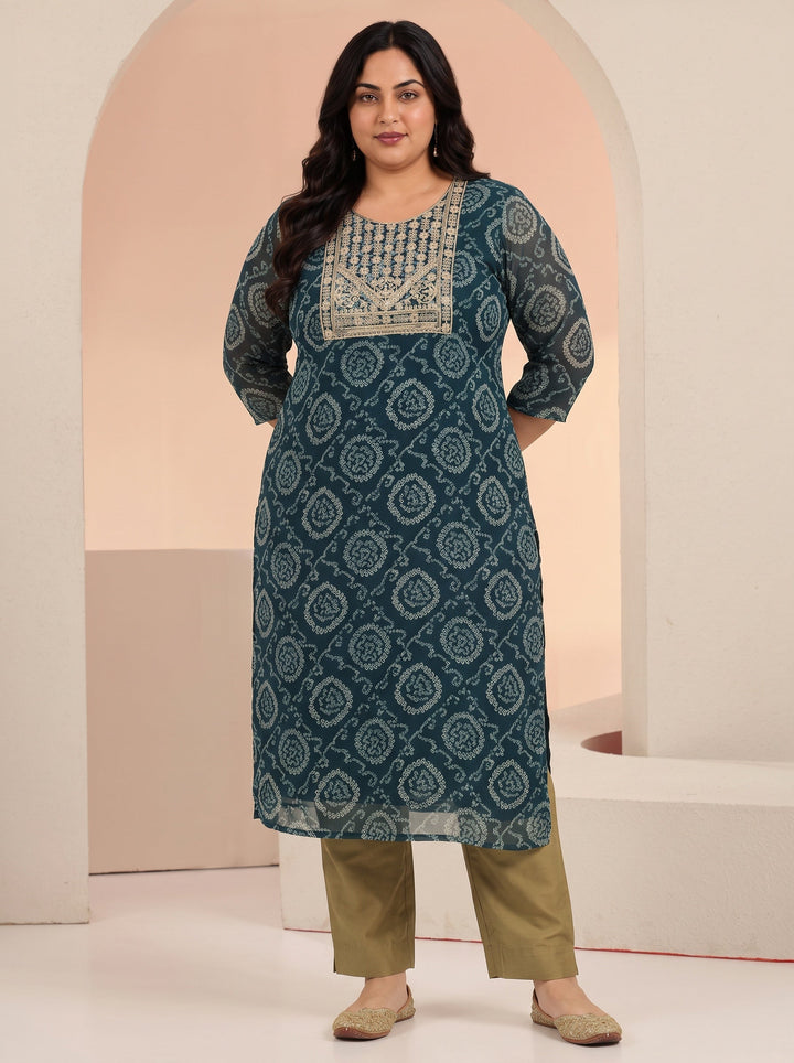 Plus Size Teal Blue Bandhani Printed Chiffon Straight Kurta