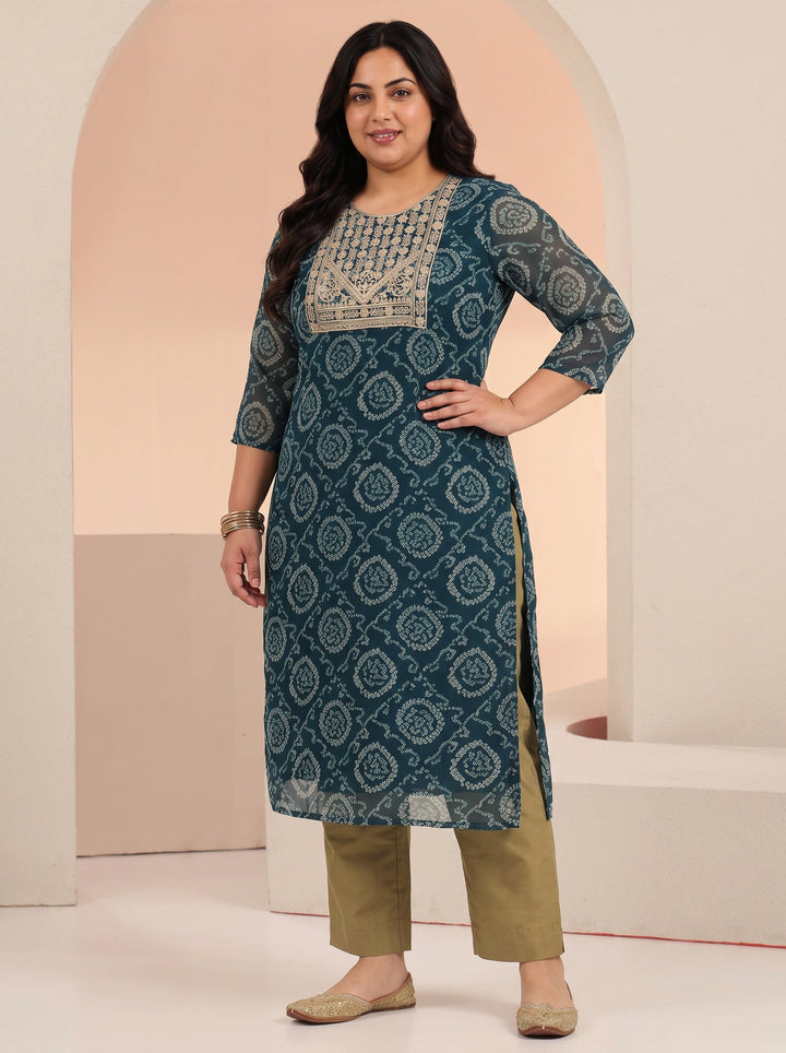 Plus Size Teal Blue Bandhani Printed Chiffon Straight Kurta
