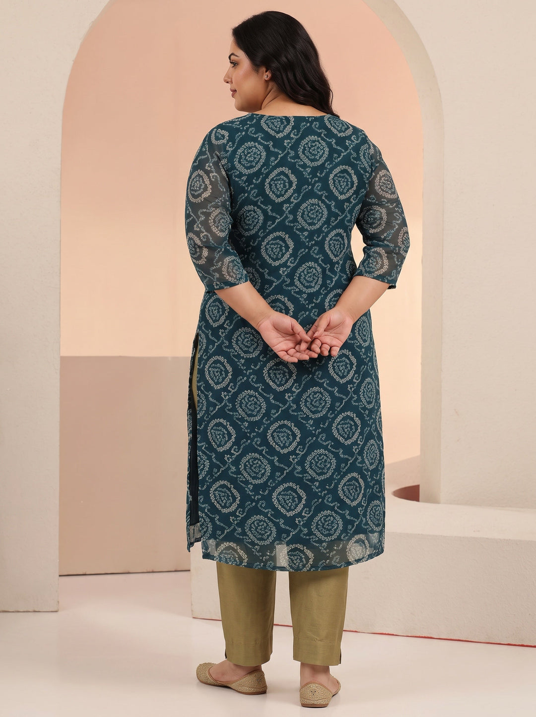 Plus Size Teal Blue Bandhani Printed Chiffon Straight Kurta