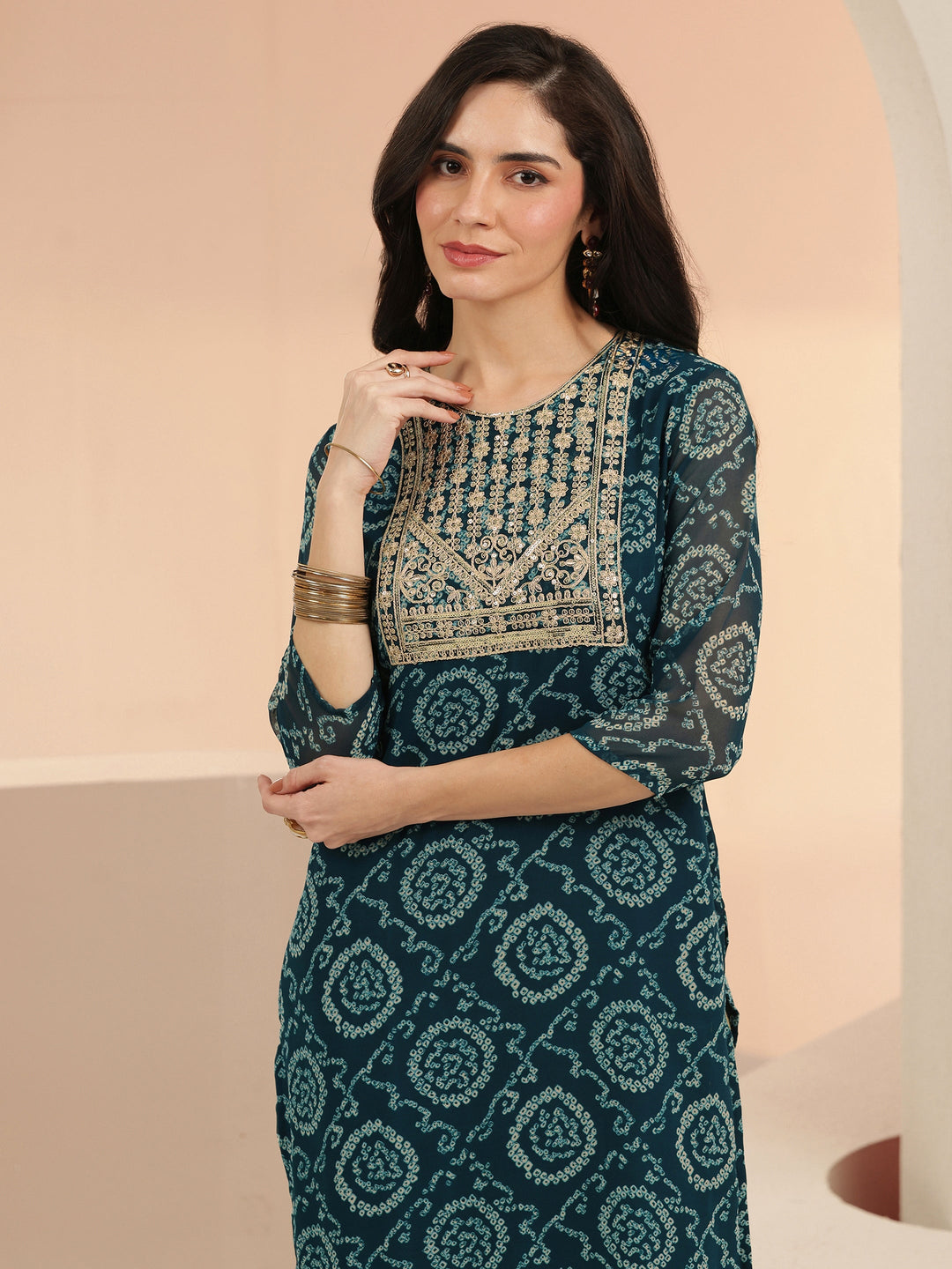 Libas Teal Blue Bandhani Printed Chiffon Straight Kurta