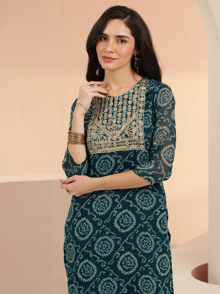 Libas Teal Blue Bandhani Printed Chiffon Straight Kurta