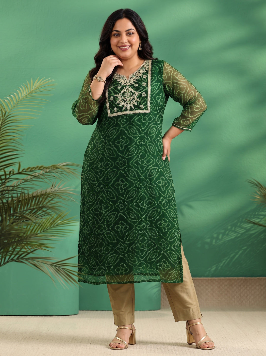 Plus Size Moss Green Bandhani Printed Chiffon Straight Kurta