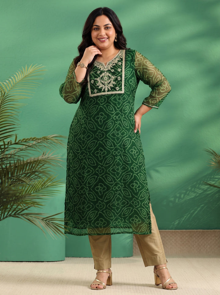 Plus Size Moss Green Bandhani Printed Chiffon Straight Kurta