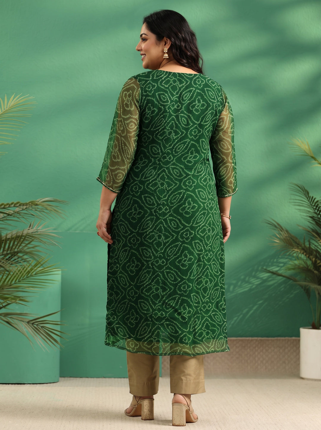 Plus Size Moss Green Bandhani Printed Chiffon Straight Kurta