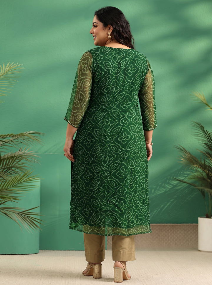 Plus Size Moss Green Bandhani Printed Chiffon Straight Kurta