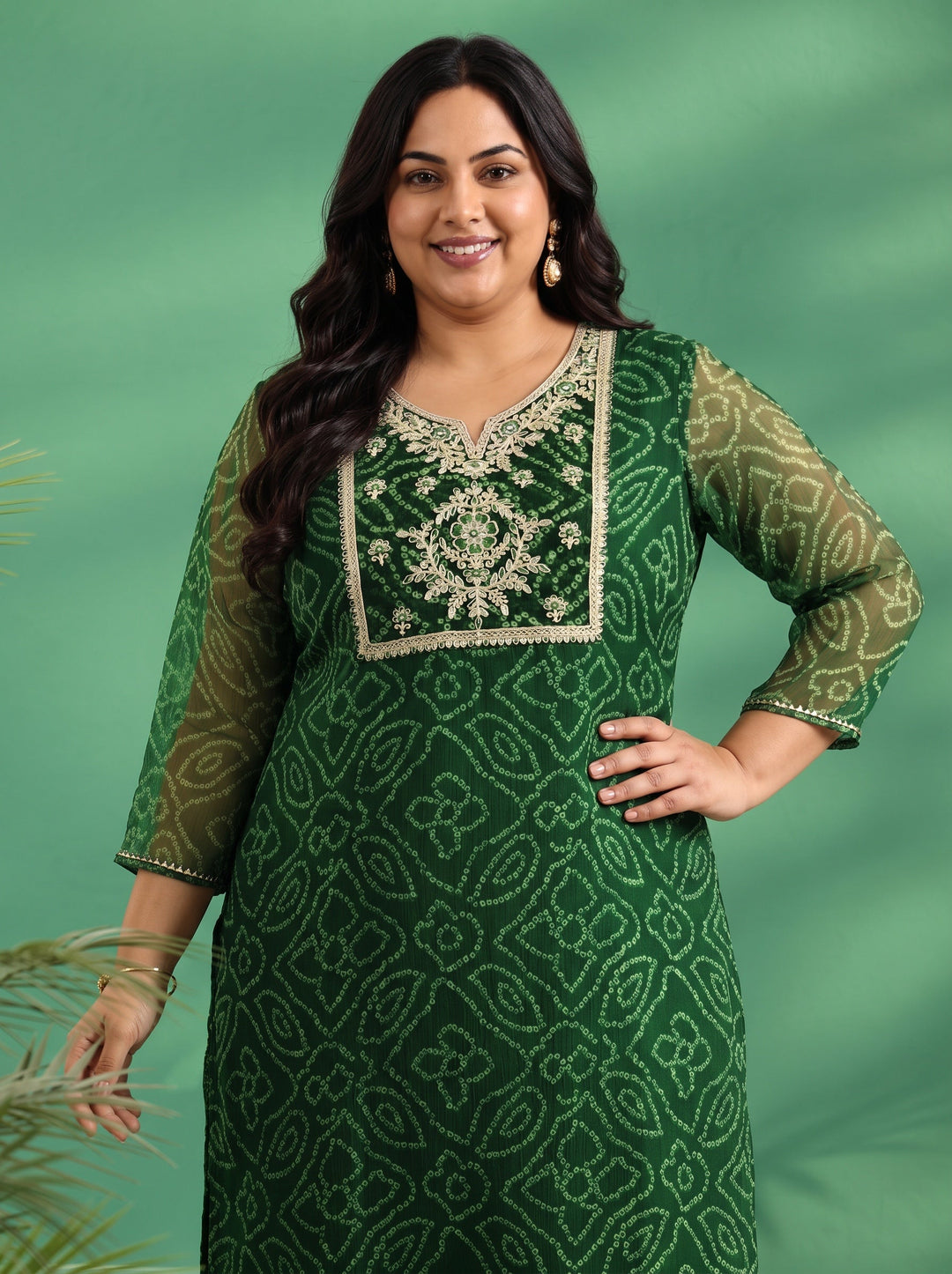 Plus Size Moss Green Bandhani Printed Chiffon Straight Kurta