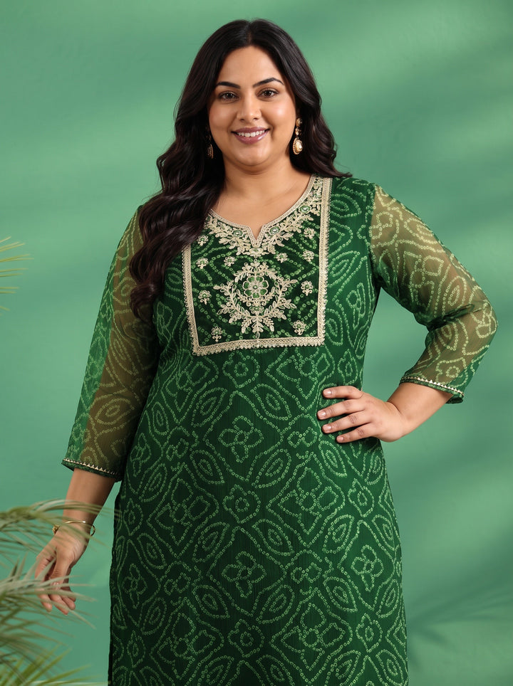 Plus Size Moss Green Bandhani Printed Chiffon Straight Kurta