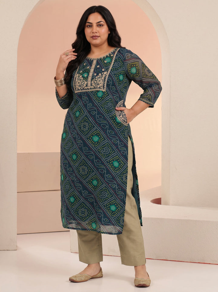 Plus Size Teal Blue Bandhani Printed Chiffon Straight Kurta