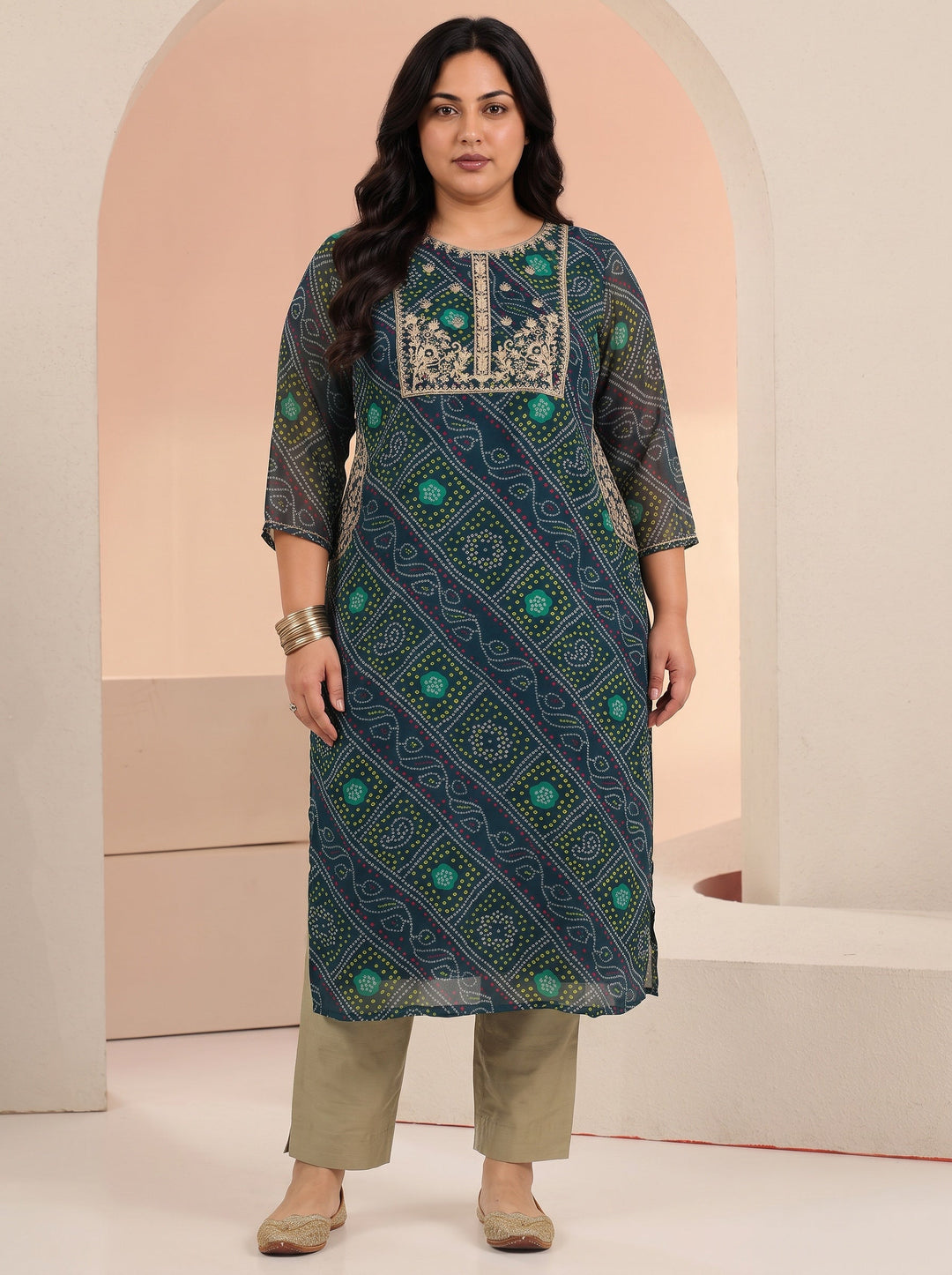 Plus Size Teal Blue Bandhani Printed Chiffon Straight Kurta