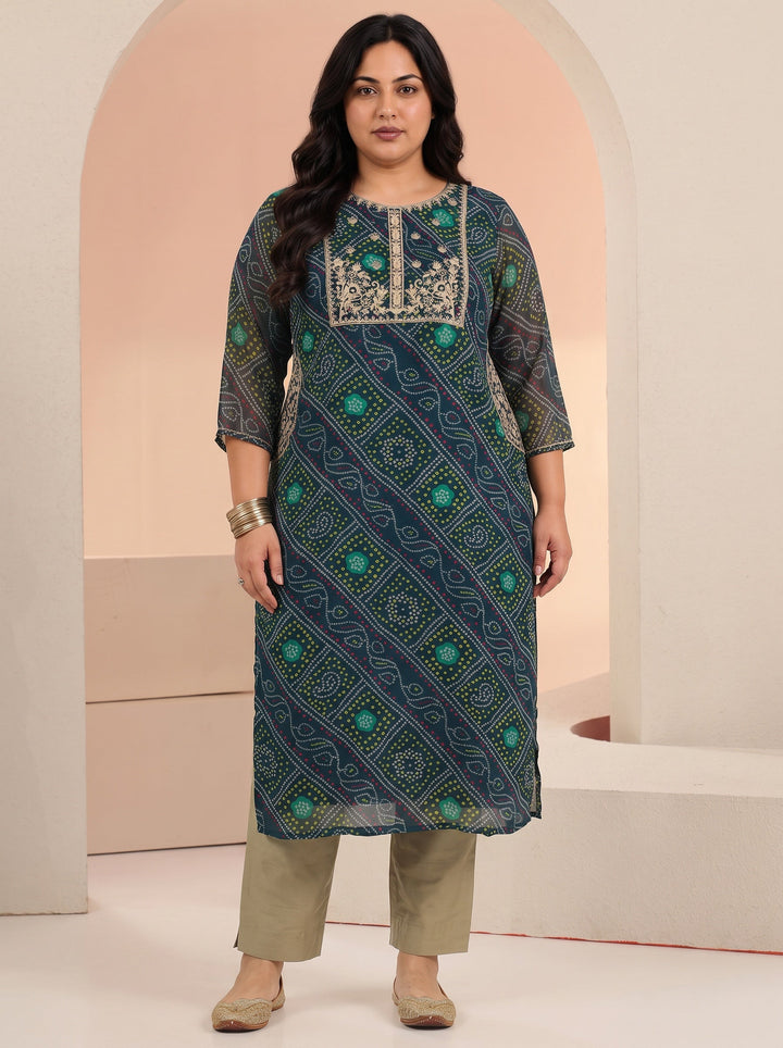 Plus Size Teal Blue Bandhani Printed Chiffon Straight Kurta