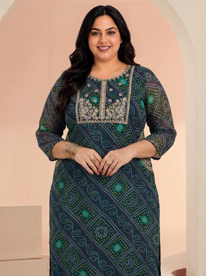 Plus Size Teal Blue Bandhani Printed Chiffon Straight Kurta