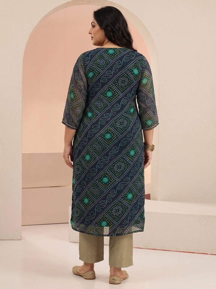 Plus Size Teal Blue Bandhani Printed Chiffon Straight Kurta