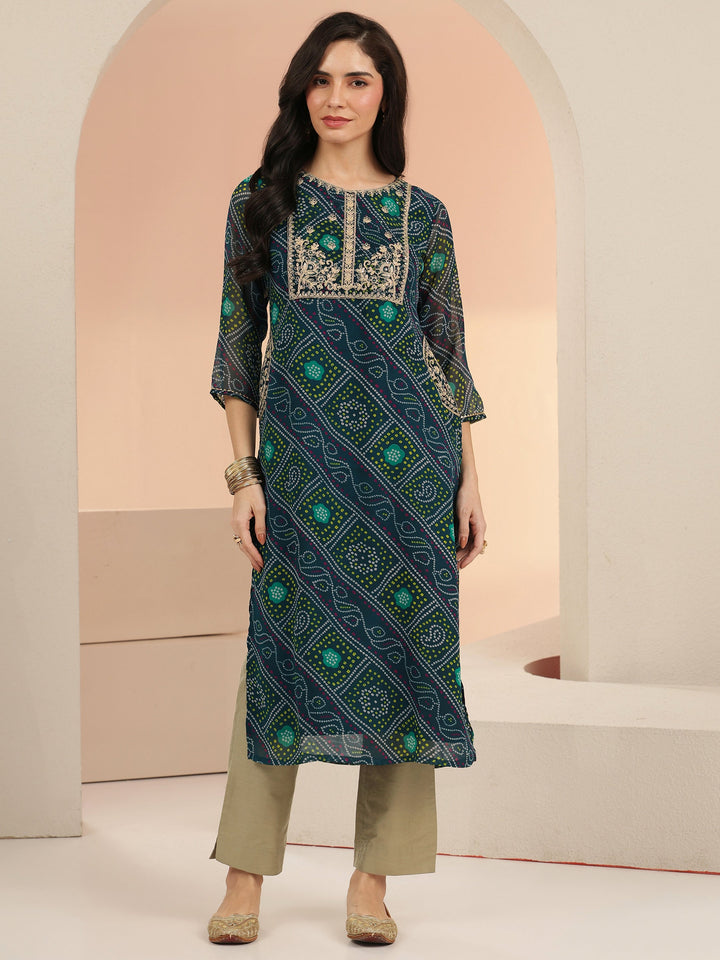 Libas Teal Blue Bandhani Printed Chiffon Straight Kurta