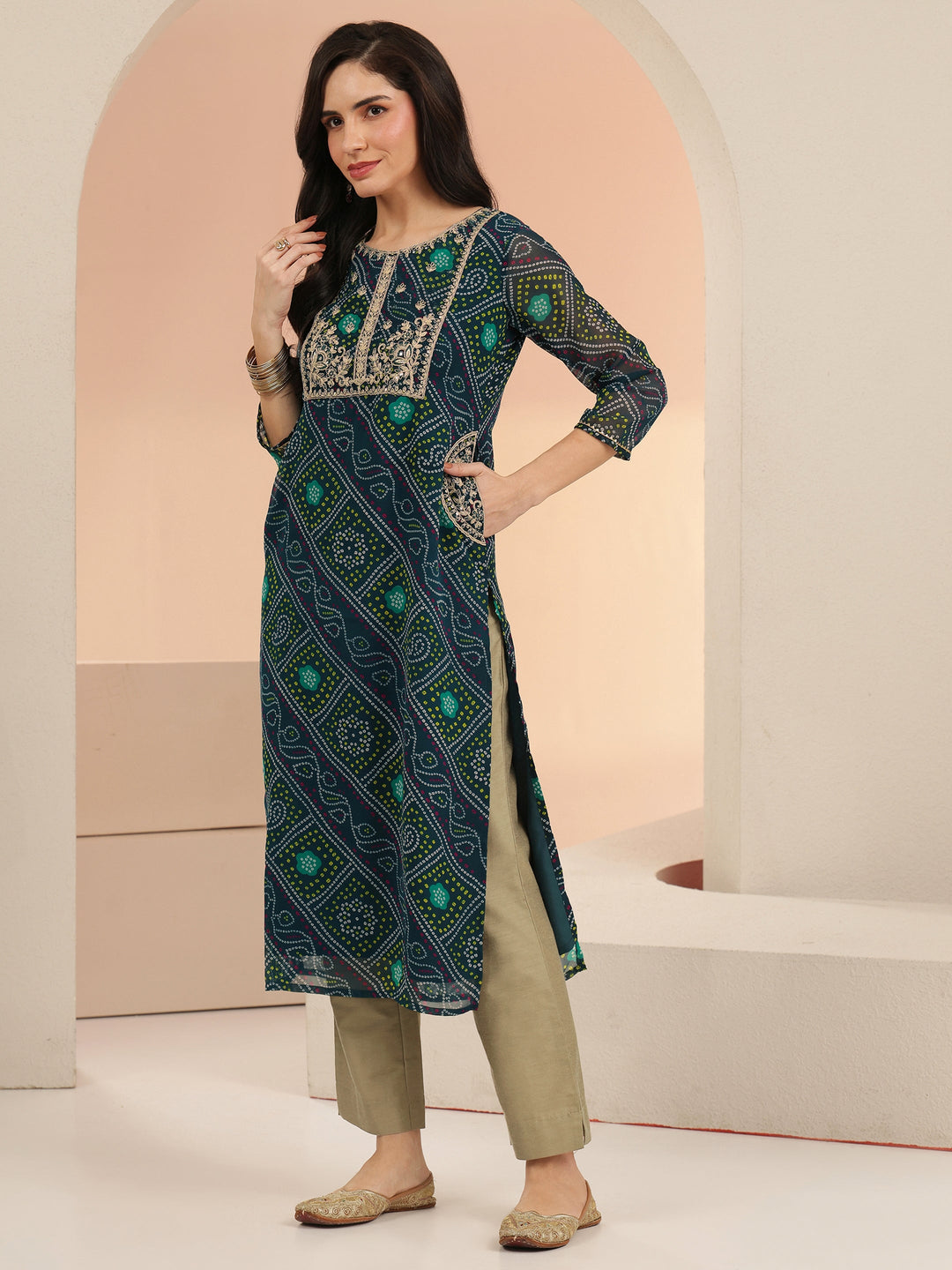Libas Teal Blue Bandhani Printed Chiffon Straight Kurta