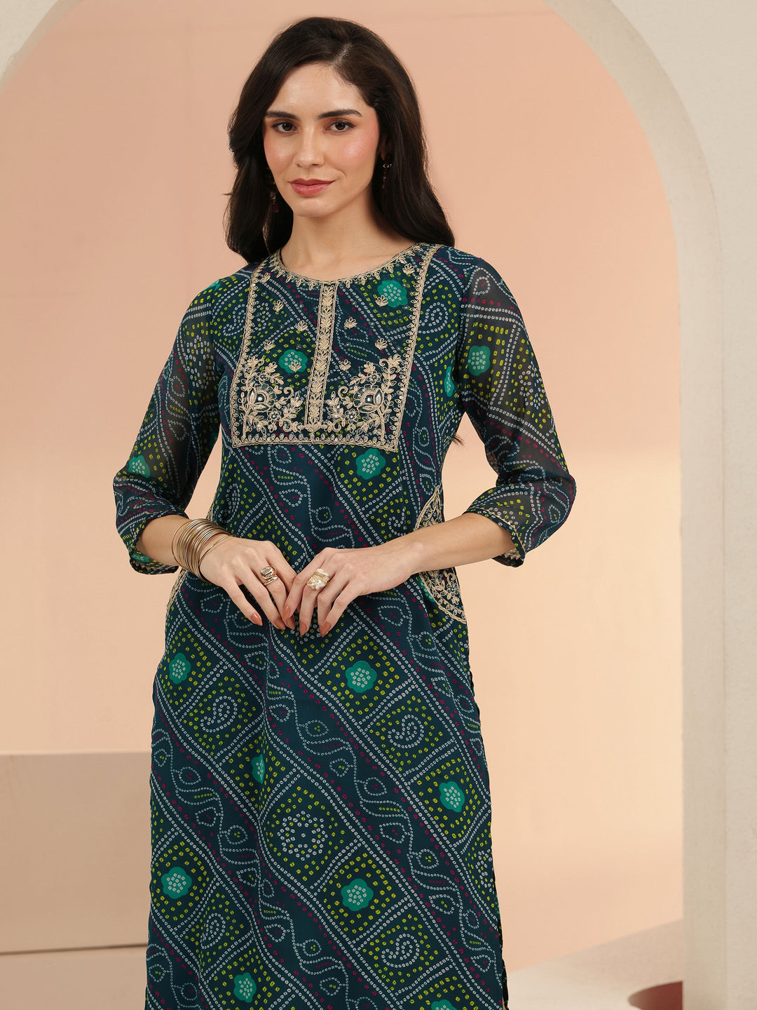 Libas Teal Blue Bandhani Printed Chiffon Straight Kurta