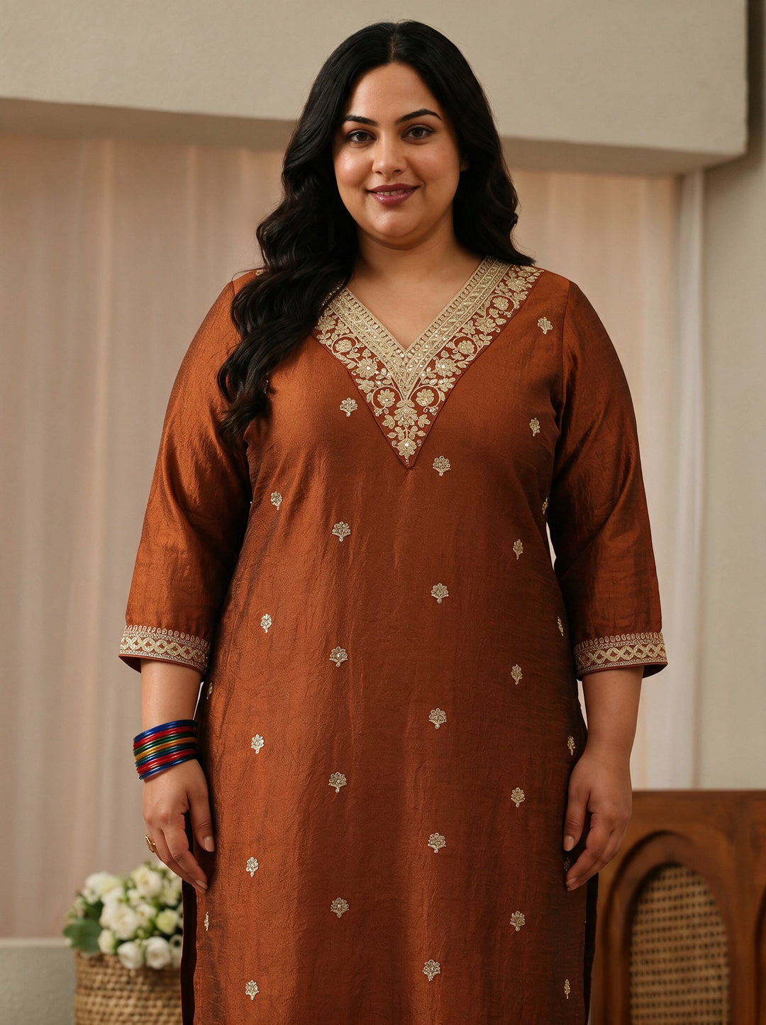 Plus Size Rust Brown Floral Embroidered Silk Blend Straight Kurta