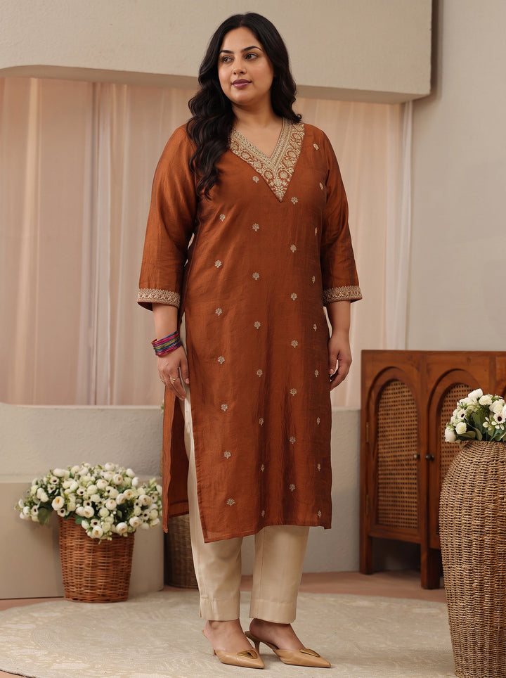 Plus Size Rust Brown Floral Embroidered Silk Blend Straight Kurta