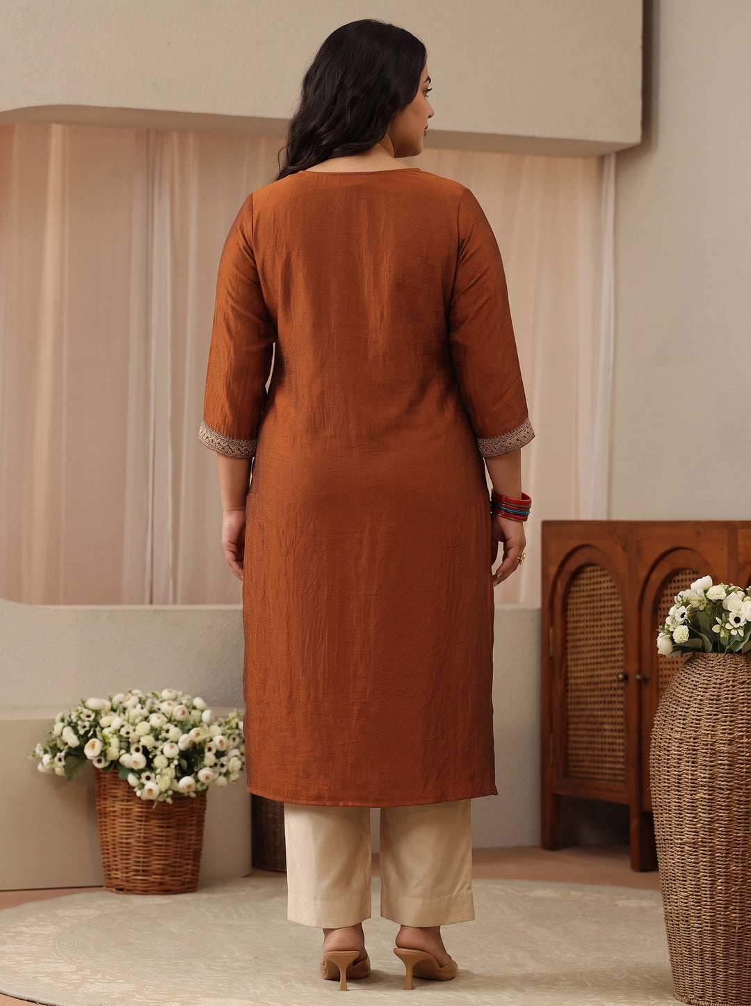 Plus Size Rust Brown Floral Embroidered Silk Blend Straight Kurta