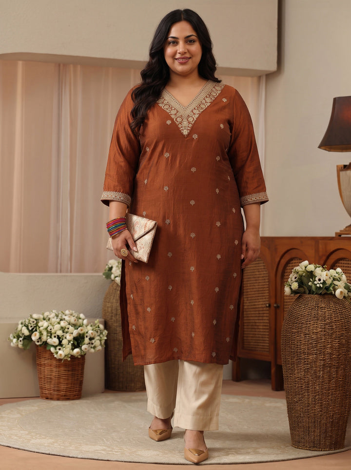 Plus Size Rust Brown Floral Embroidered Silk Blend Straight Kurta