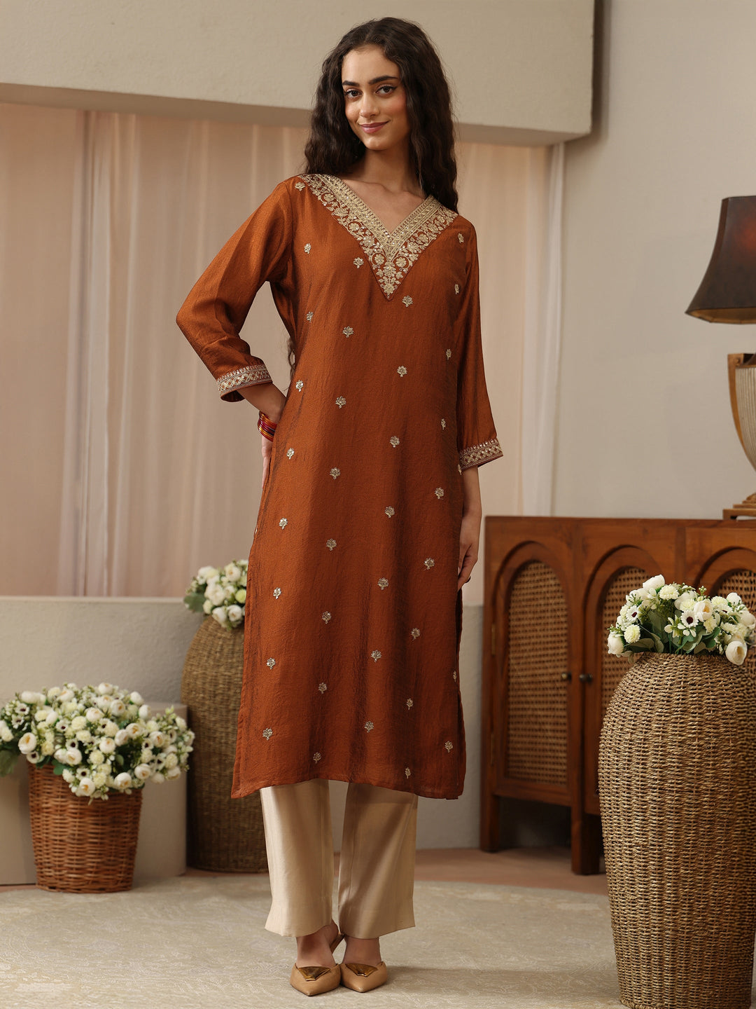 Burnt Orange Floral Embroidered Silk Blend Straight Kurta