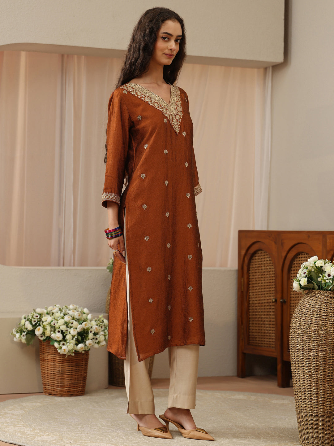 Burnt Orange Floral Embroidered Silk Blend Straight Kurta