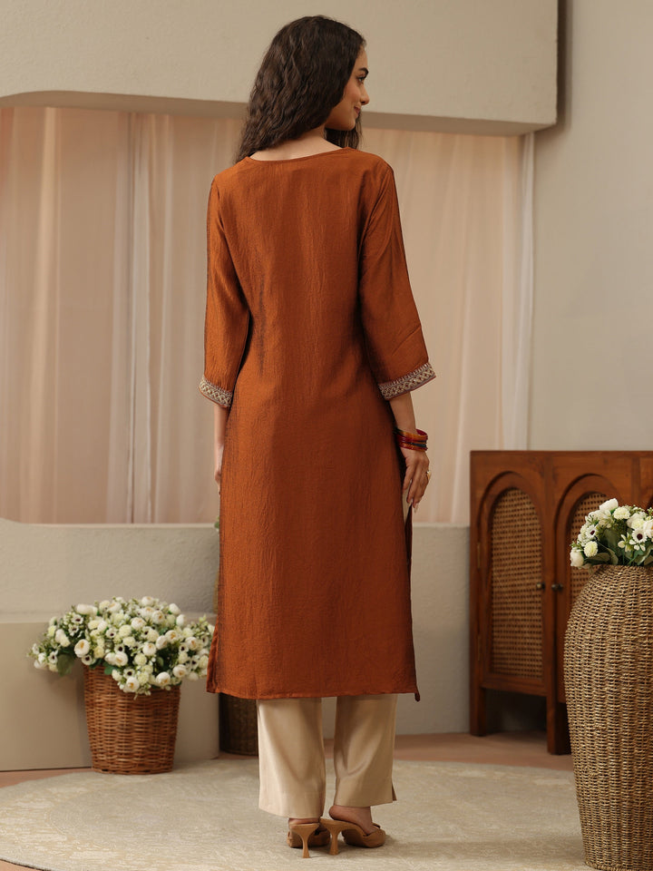 Burnt Orange Floral Embroidered Silk Blend Straight Kurta