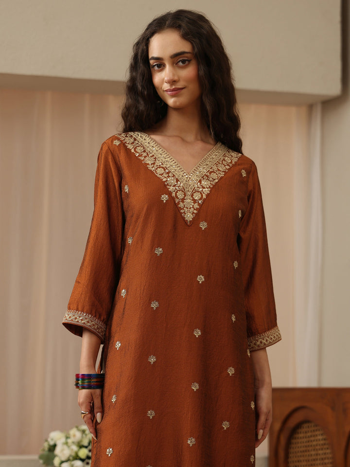 Burnt Orange Floral Embroidered Silk Blend Straight Kurta