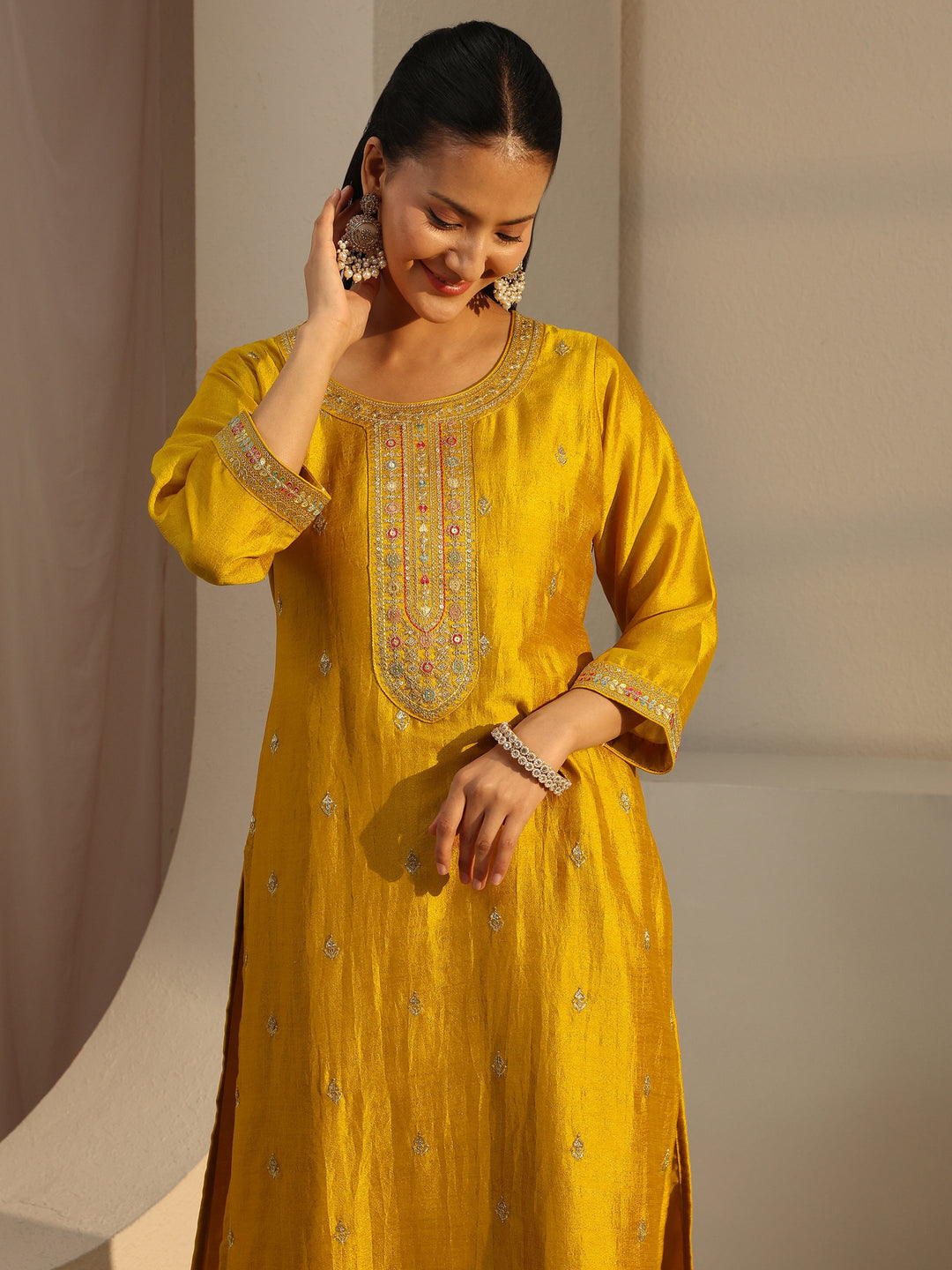 Mustard Ethnic Embroidered Silk Blend Straight Kurta