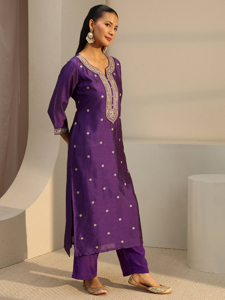 Purple Ethnic Embroidered Silk Blend Straight Kurta