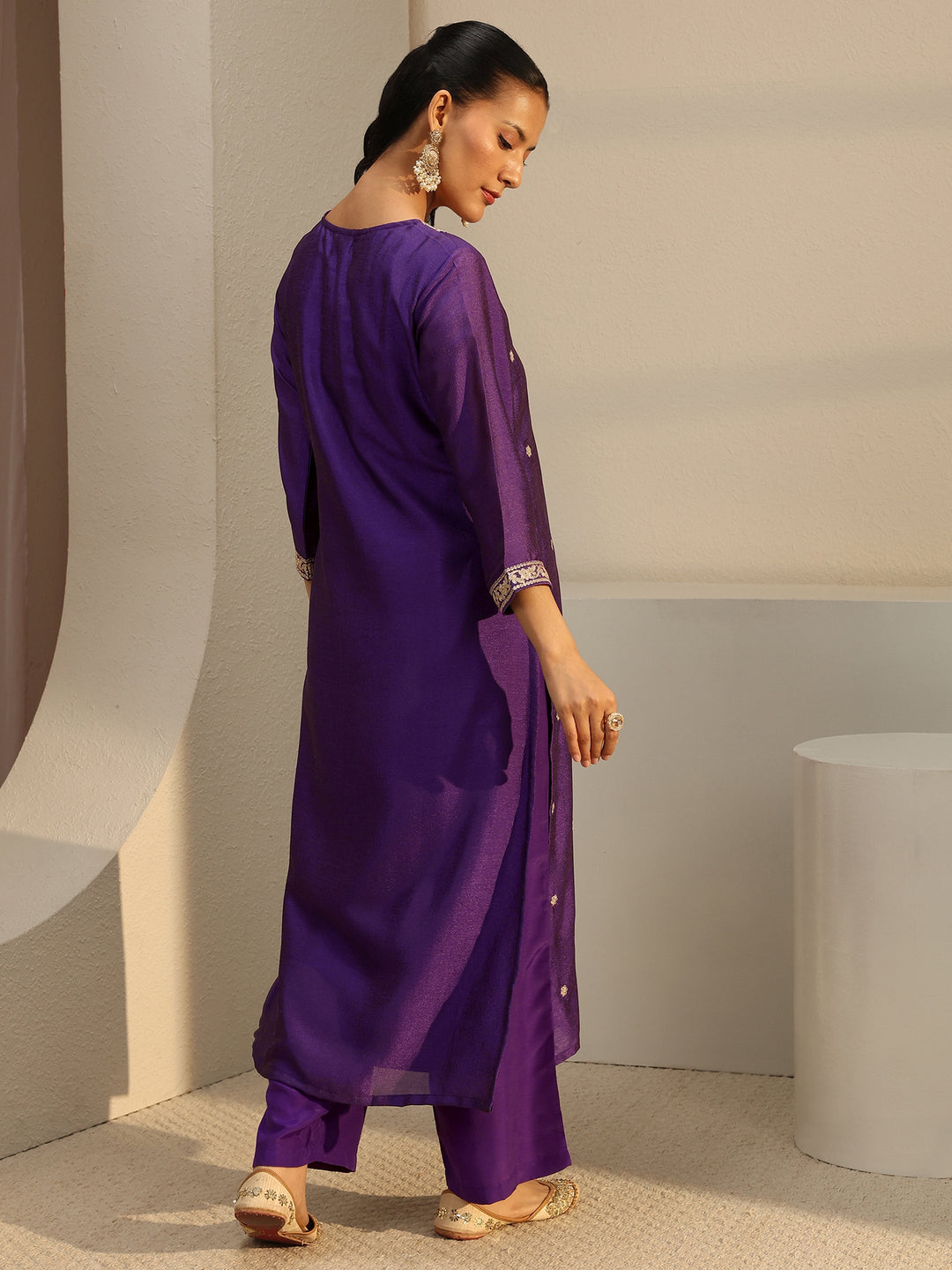 Purple Ethnic Embroidered Silk Blend Straight Kurta