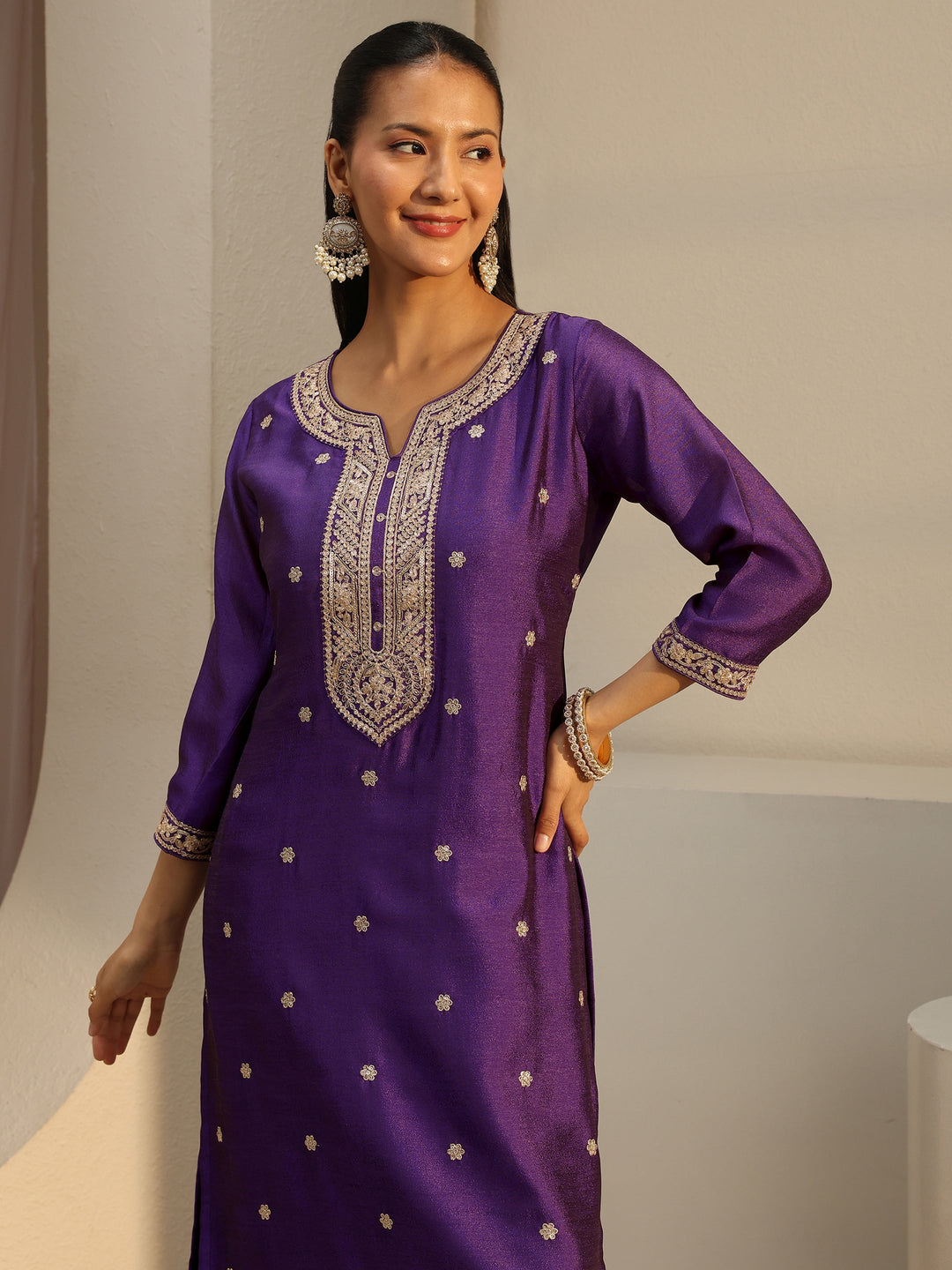 Purple Ethnic Embroidered Silk Blend Straight Kurta