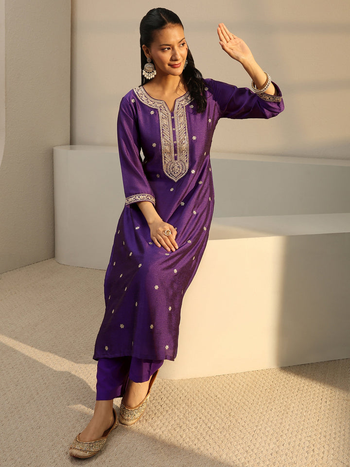Purple Ethnic Embroidered Silk Blend Straight Kurta