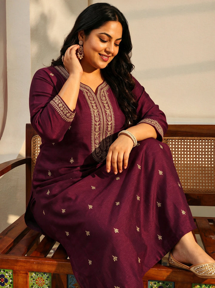 Plus Size Maroon Yoke Design Embroidered Silk Blend Straight Kurta