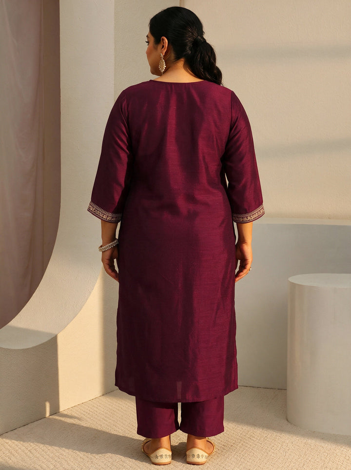 Plus Size Maroon Yoke Design Embroidered Silk Blend Straight Kurta
