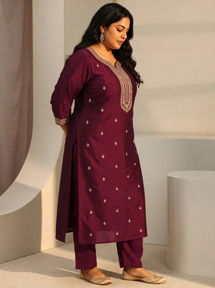 Plus Size Maroon Yoke Design Embroidered Silk Blend Straight Kurta