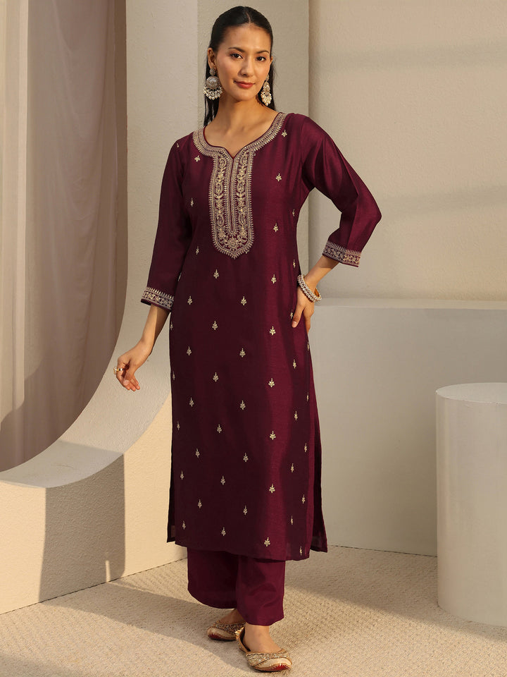 Maroon Ethnic Embroidered Silk Blend Straight Kurta