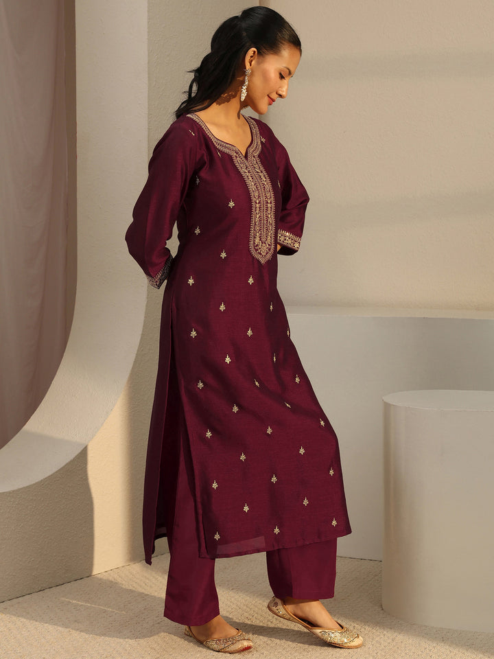 Maroon Ethnic Embroidered Silk Blend Straight Kurta
