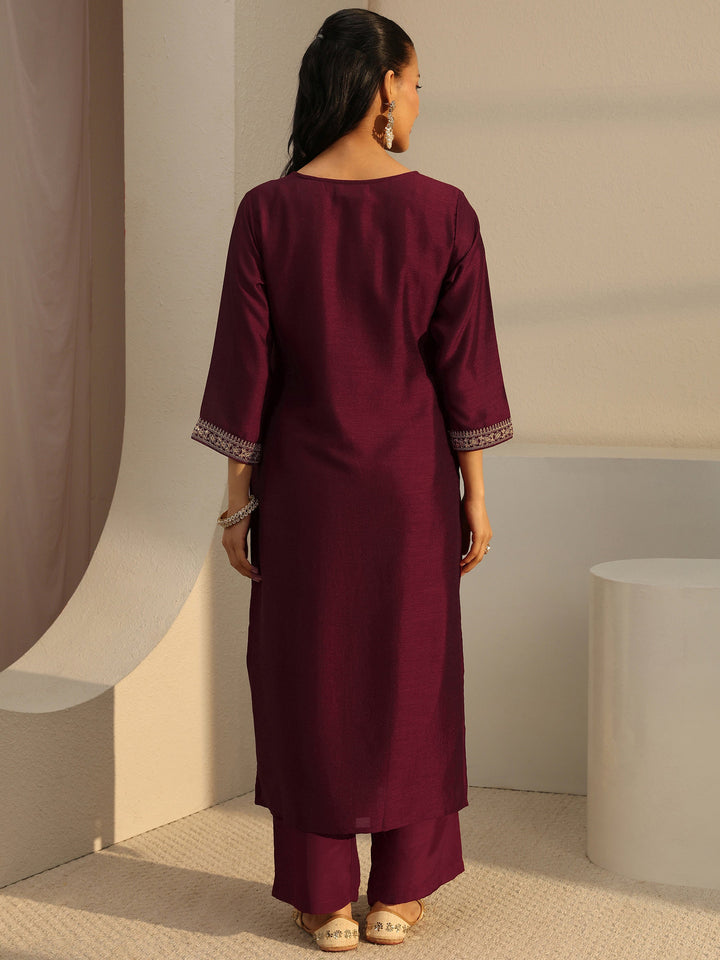 Maroon Ethnic Embroidered Silk Blend Straight Kurta