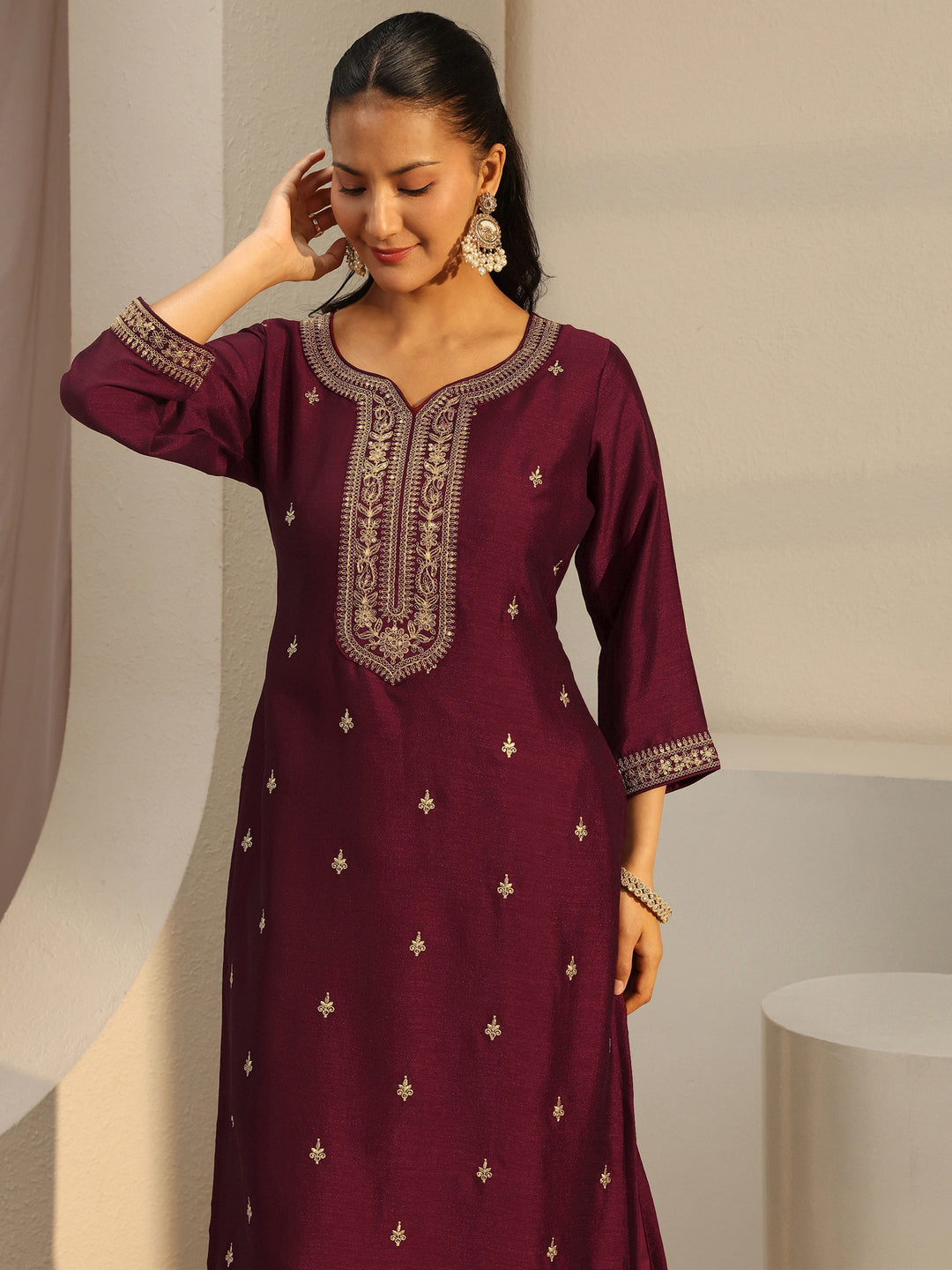 Maroon Ethnic Embroidered Silk Blend Straight Kurta
