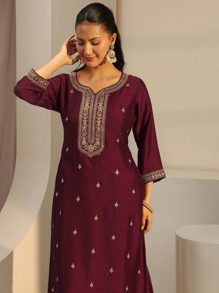 Maroon Ethnic Embroidered Silk Blend Straight Kurta
