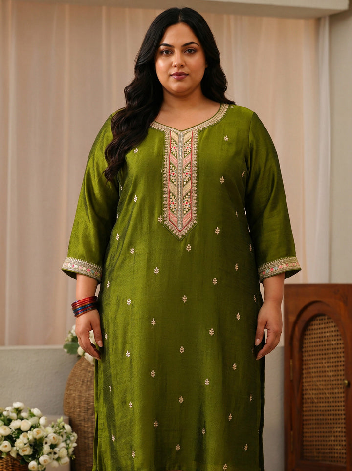 Plus Size Green Embroidered Silk Blend Straight Kurta