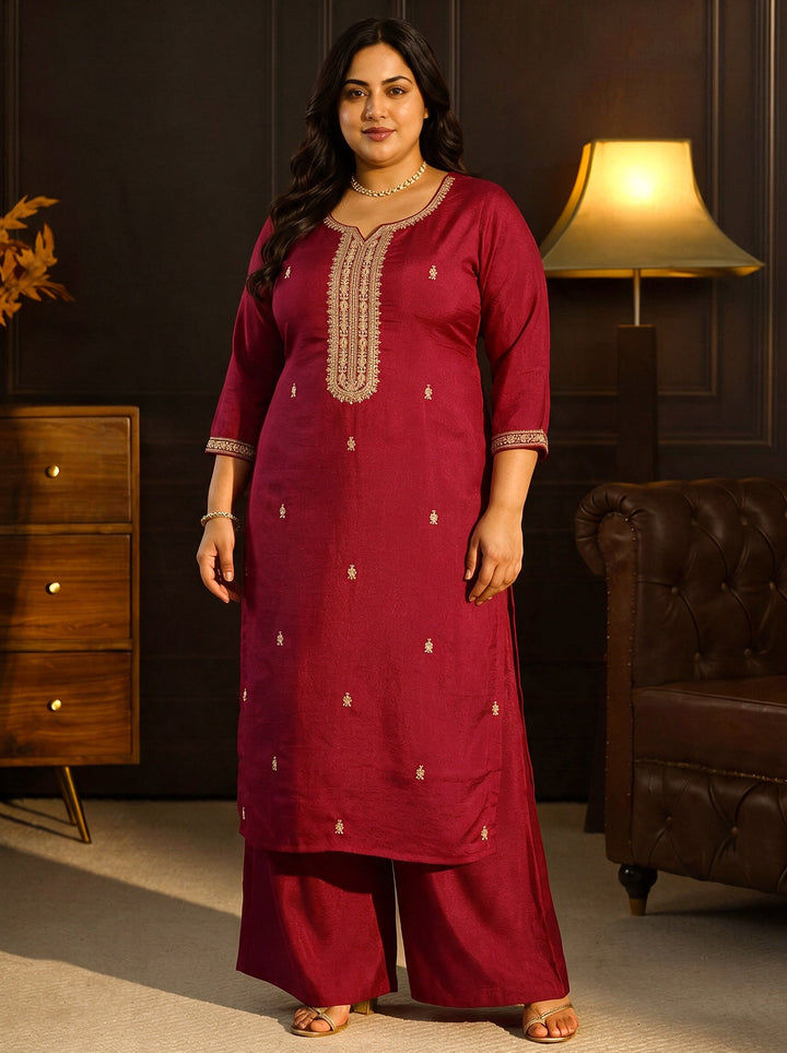 Plus Size Ruby Red Yoke Embroidered Silk Blend Straight Kurta