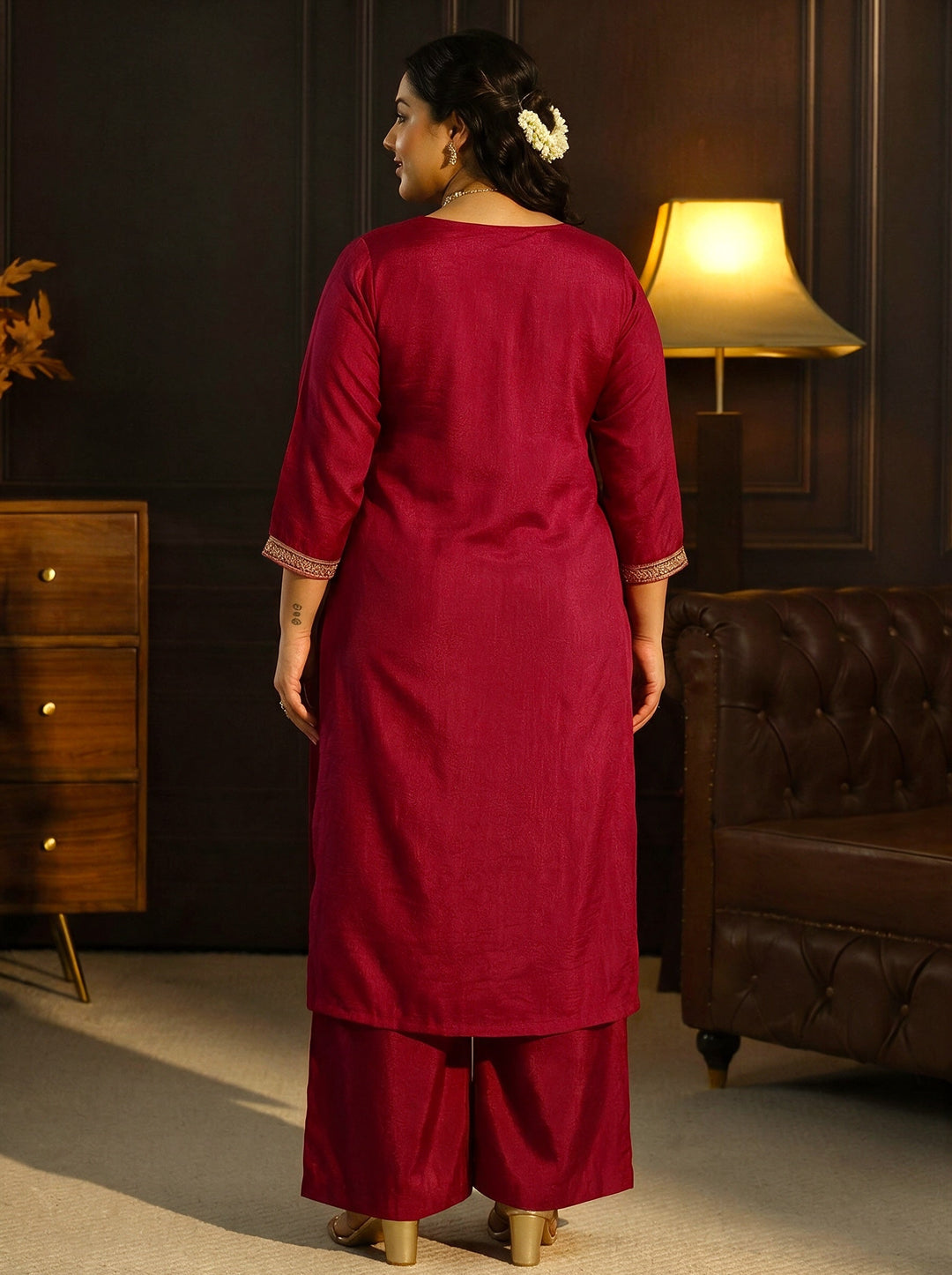 Plus Size Ruby Red Yoke Embroidered Silk Blend Straight Kurta