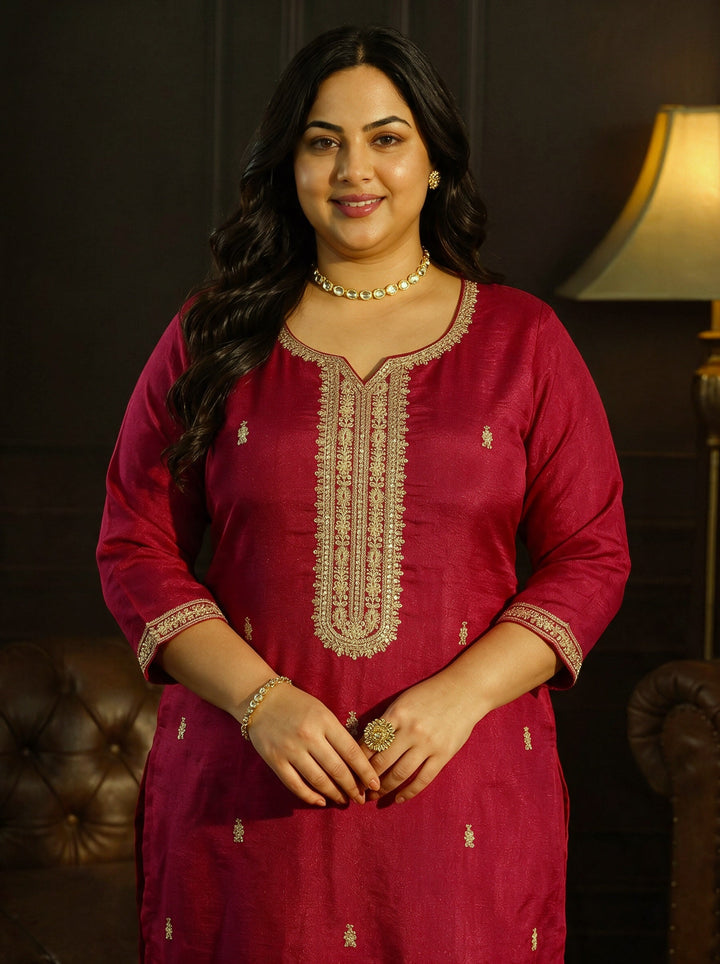 Plus Size Ruby Red Yoke Embroidered Silk Blend Straight Kurta