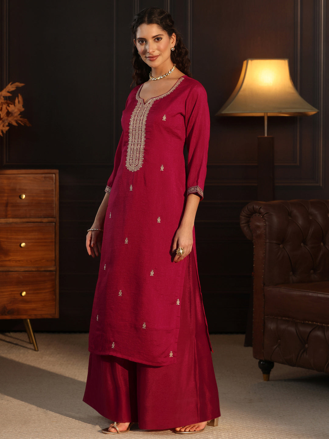 Libas Ruby Red Yoke Embroidered Silk Blend Straight Kurta