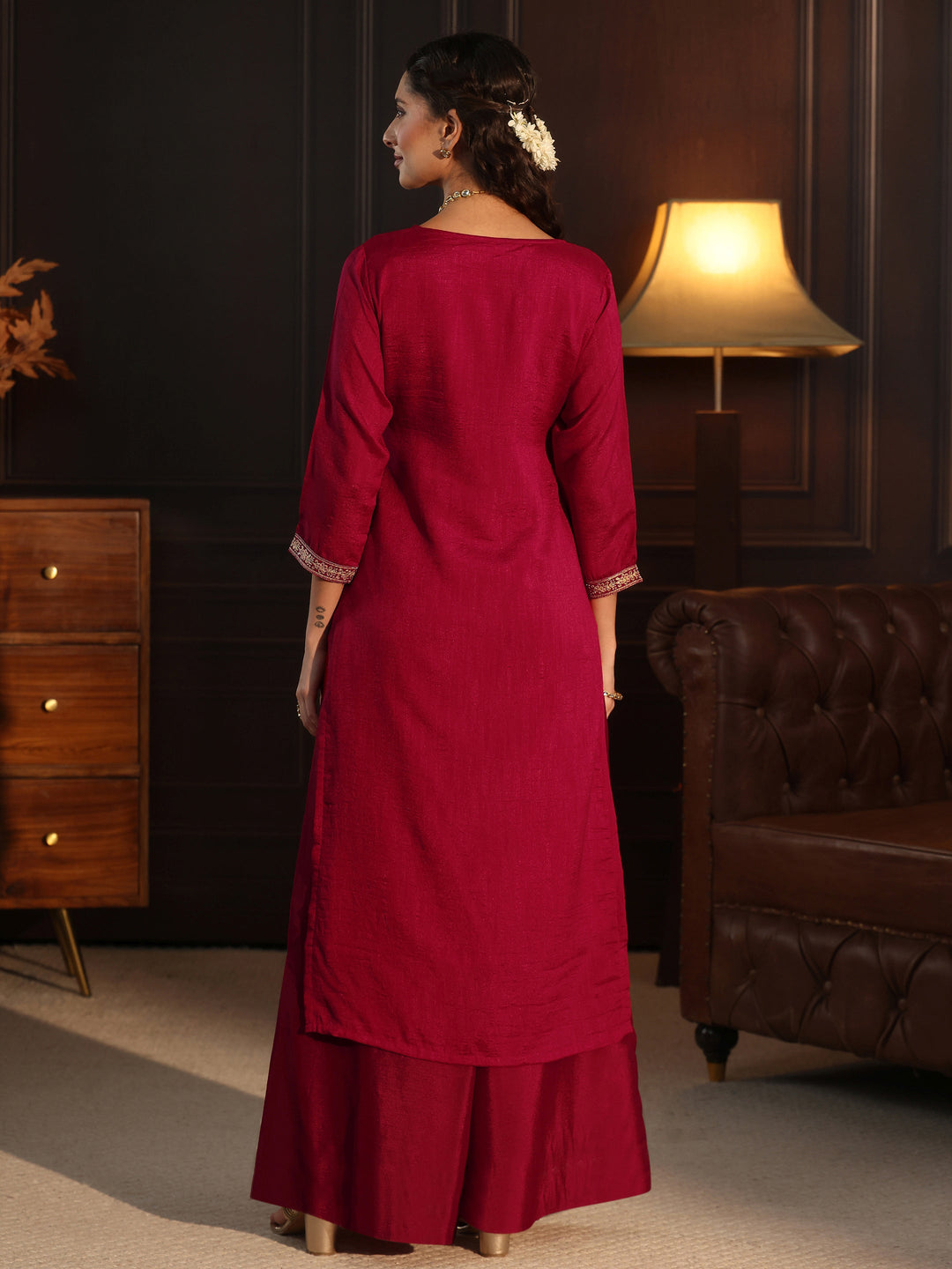 Libas Ruby Red Yoke Embroidered Silk Blend Straight Kurta