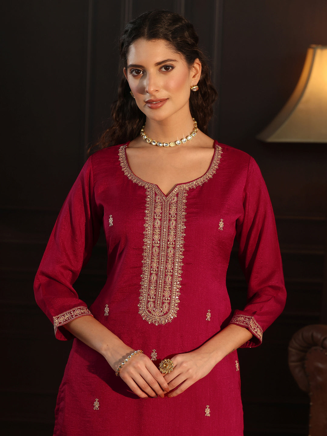 Libas Ruby Red Yoke Embroidered Silk Blend Straight Kurta