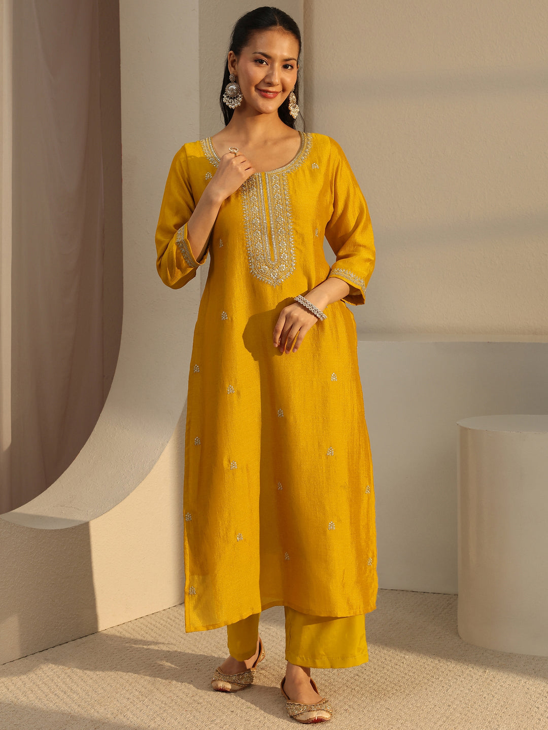 Mustard Ethnic Embroidered Silk Blend Straight Kurta