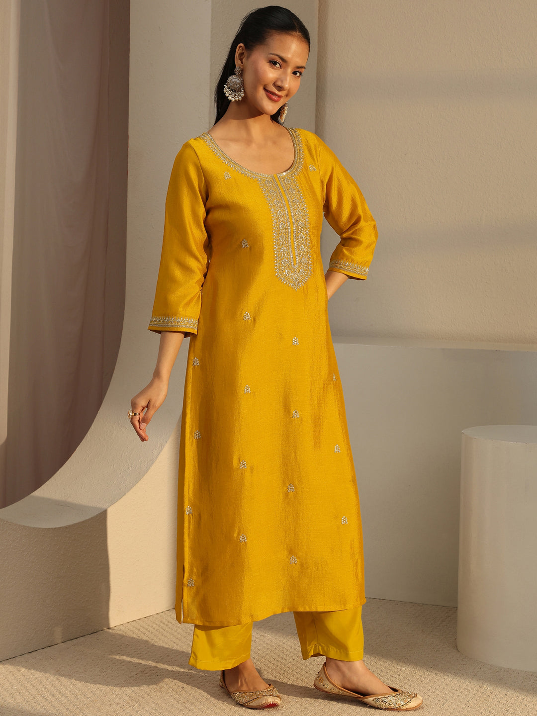 Mustard Ethnic Embroidered Silk Blend Straight Kurta